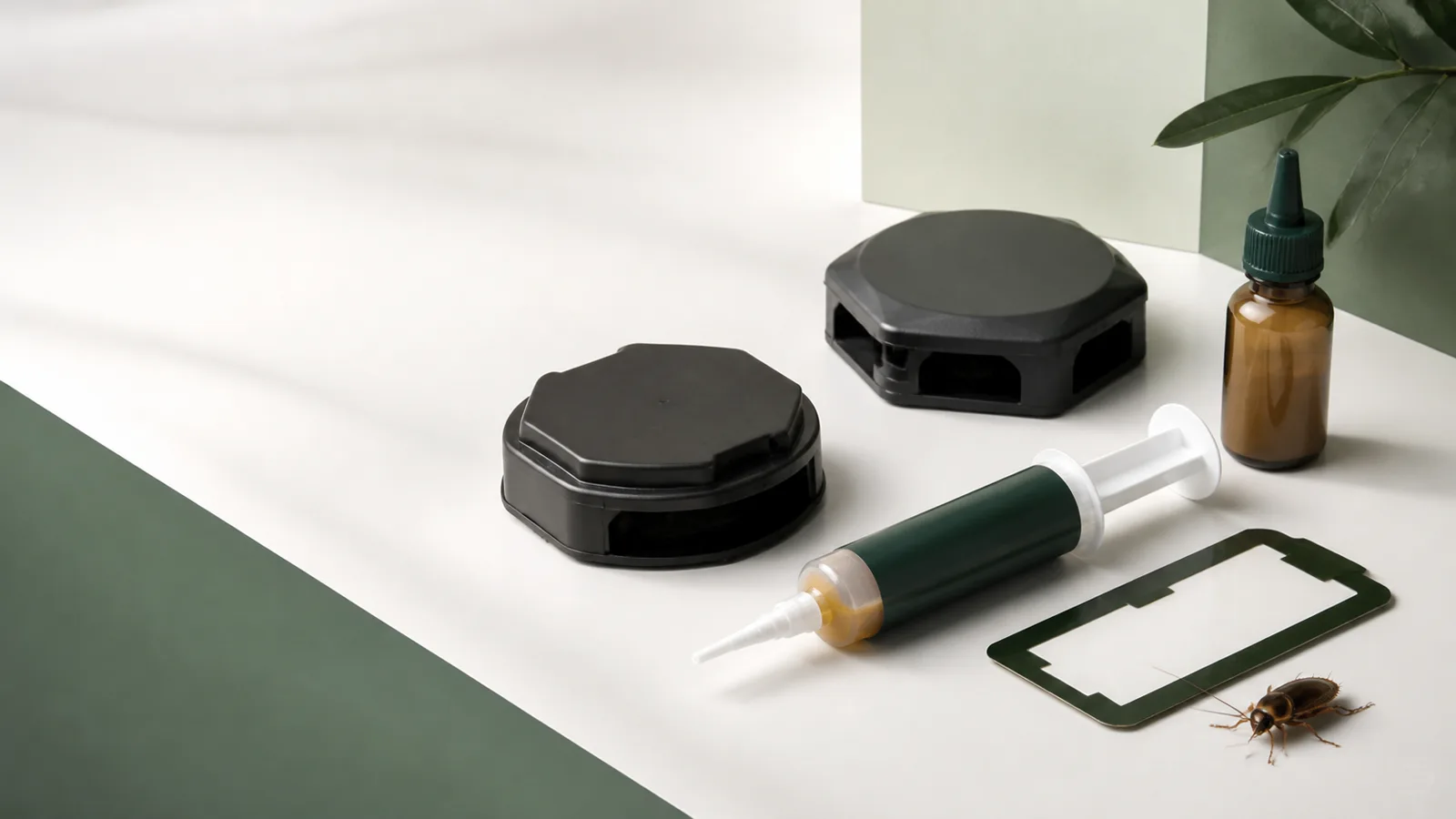 Unbranded cockroach-control toolkit with gel bait, enclosed stations, dust applicator, and monitor