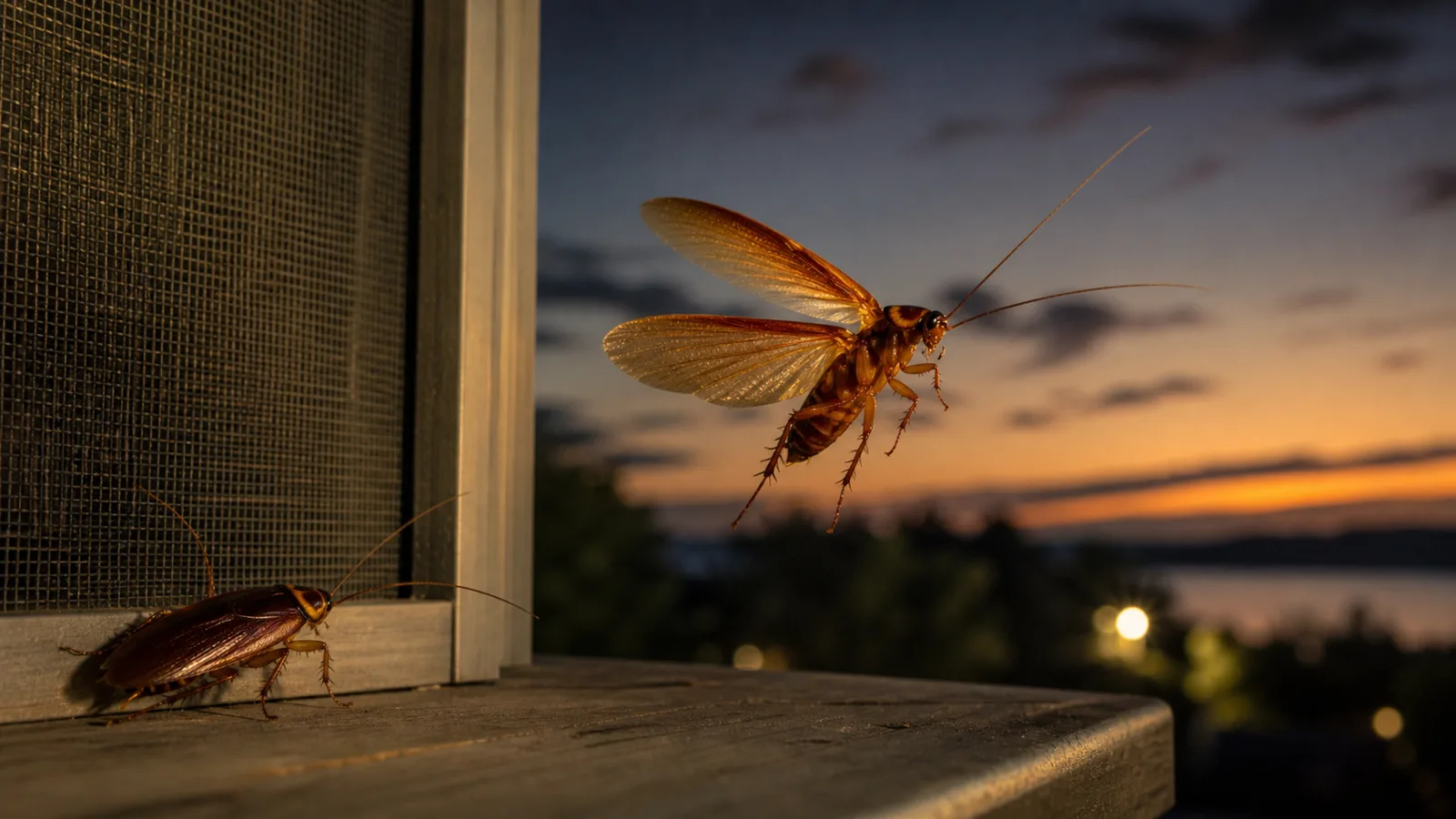An American cockroach gliding near a screened porch at dusk
