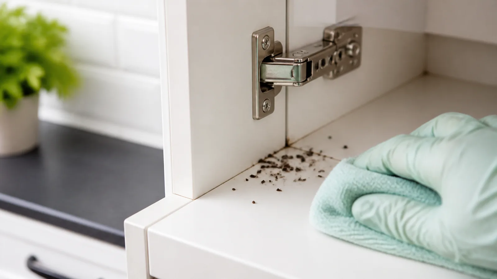 Cockroach droppings near a cabinet hinge with a gloved hand and damp cleaning cloth