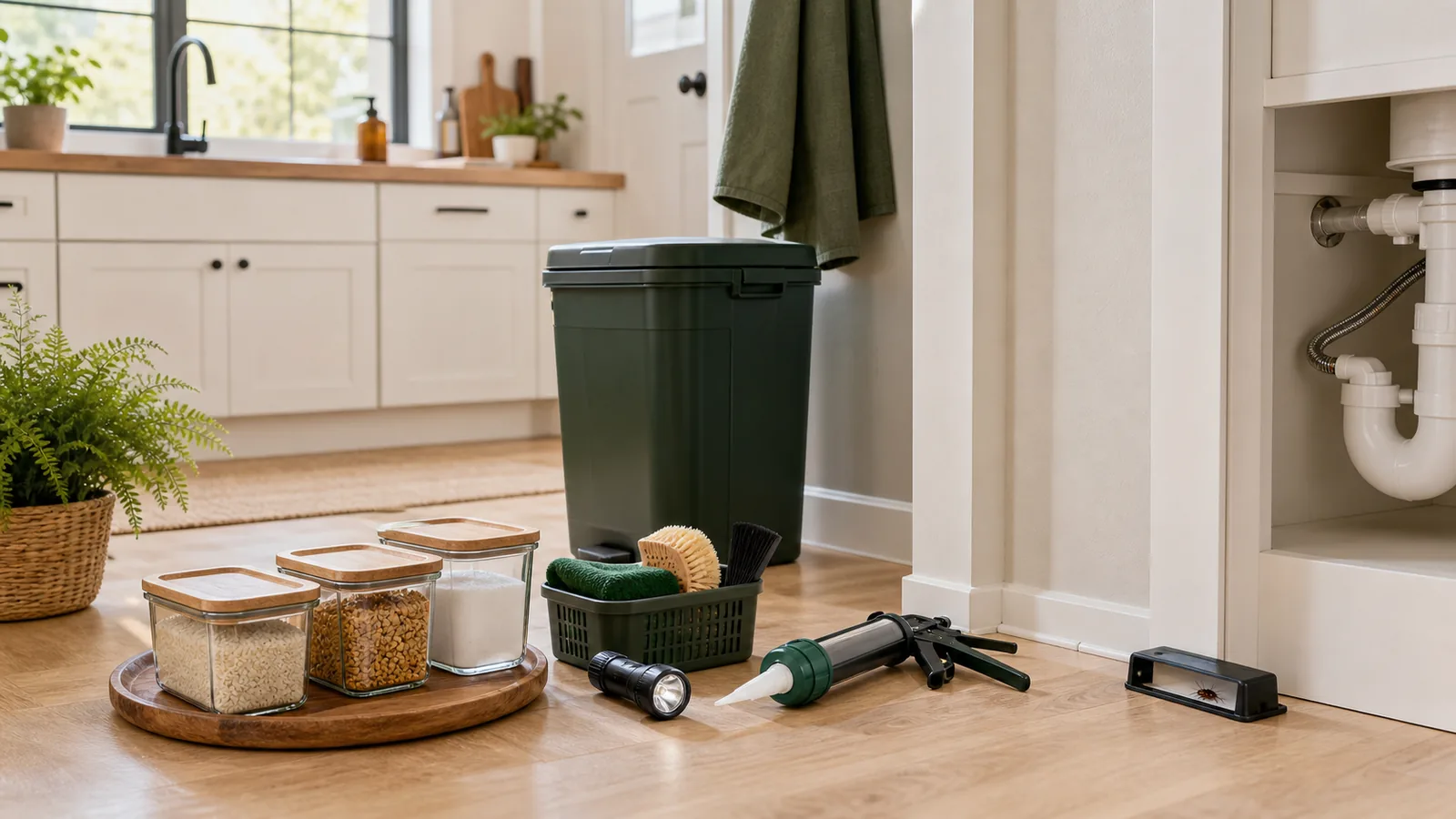 Sealed food containers, lidded trash bin, caulk, flashlight, and monitoring trap for cockroach prevention