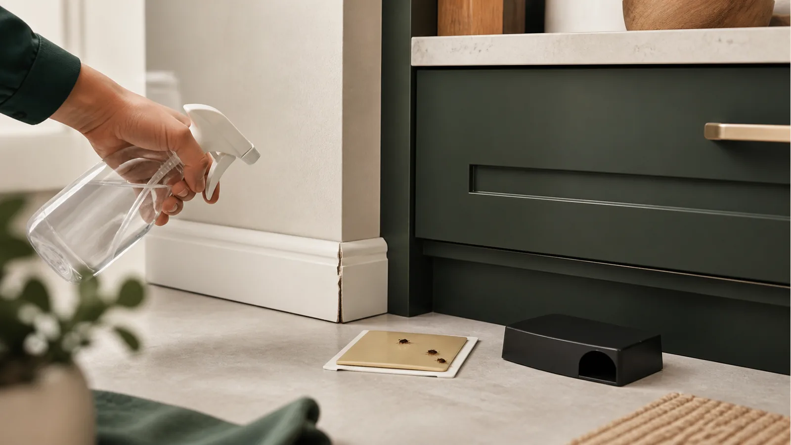Cockroach spray, sticky trap, and bait station used near a wall crack
