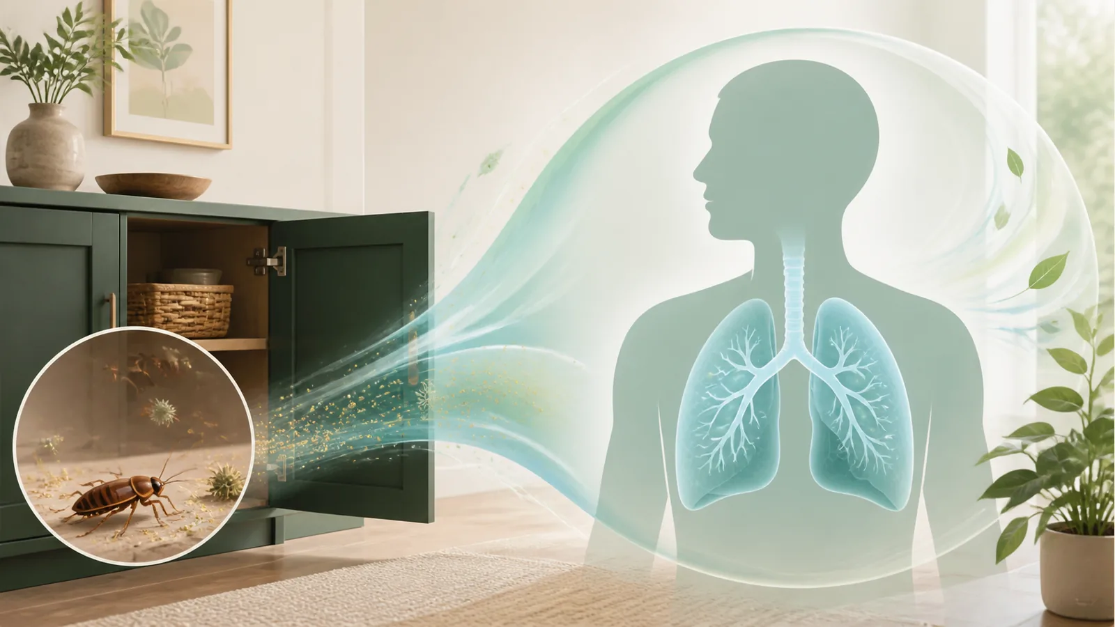 Cockroach allergens entering indoor air near a kitchen cabinet