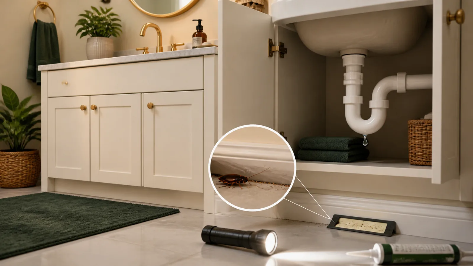 Bathroom sink plumbing inspection for cockroach activity and moisture