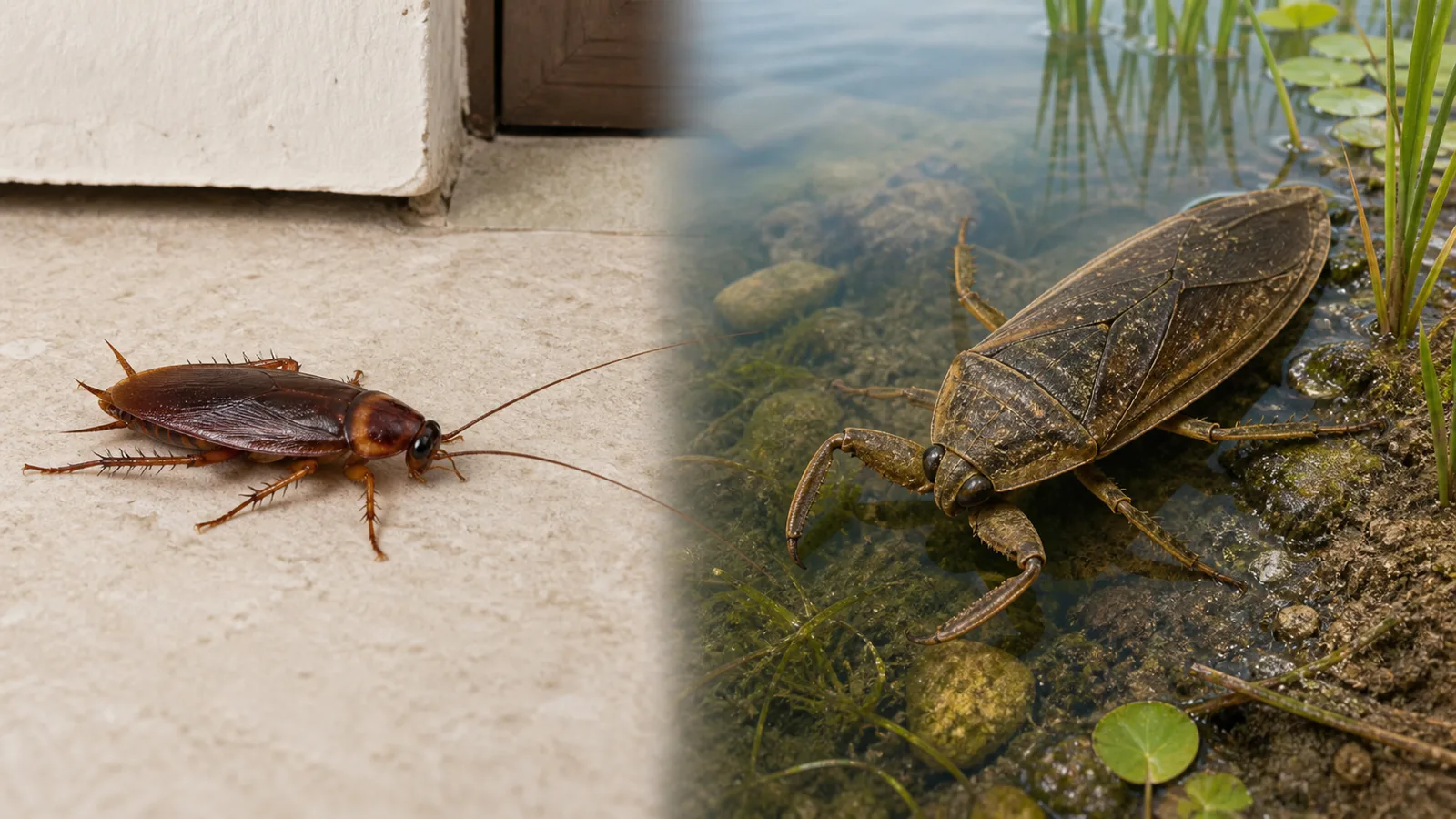 Side-by-side comparison of a household cockroach and a true aquatic water bug