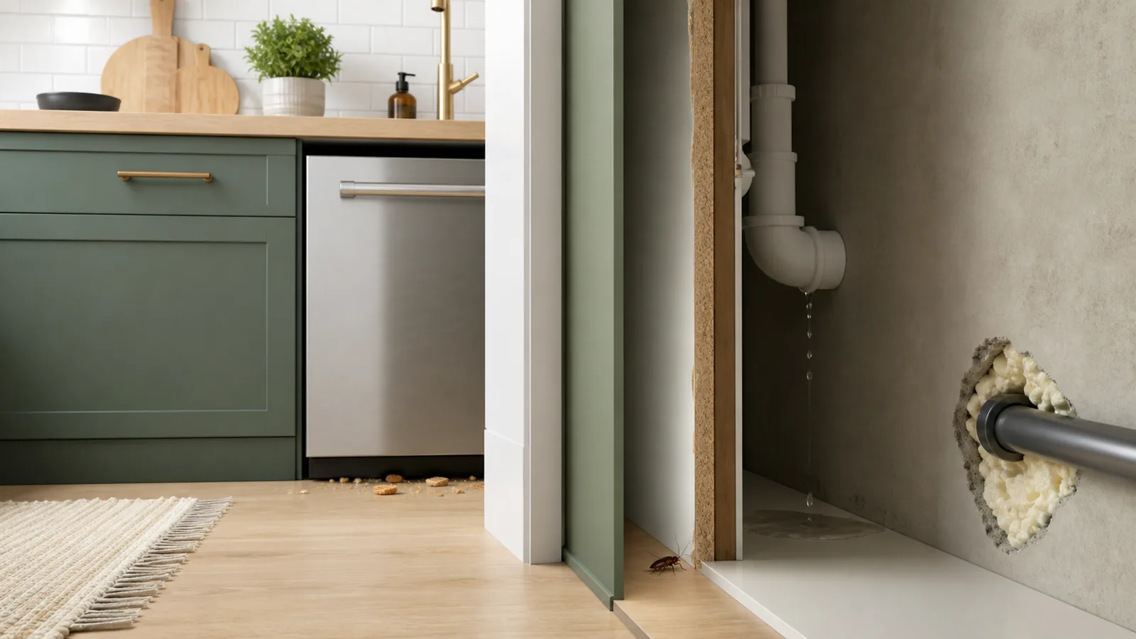 Kitchen cutaway showing crumbs, a small leak, shelter, and an unsealed pipe opening